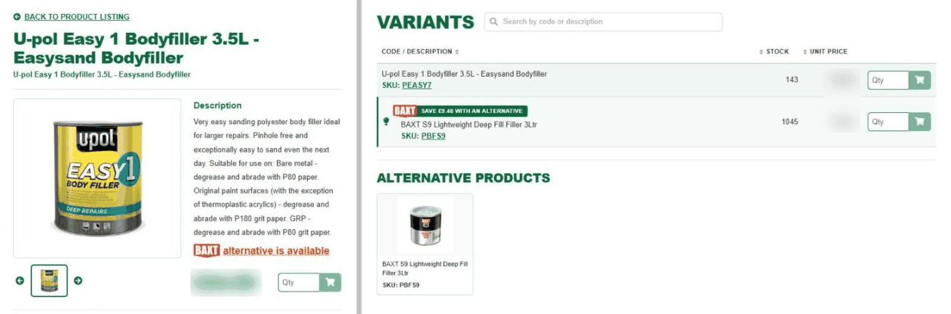 A DTC HUB product page showing a cheaper BAXT alternative and the saving, then opening the BAXT product