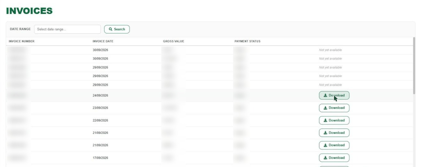 The DTC HUB invoices page, with a date range picker and a Download button on each invoice