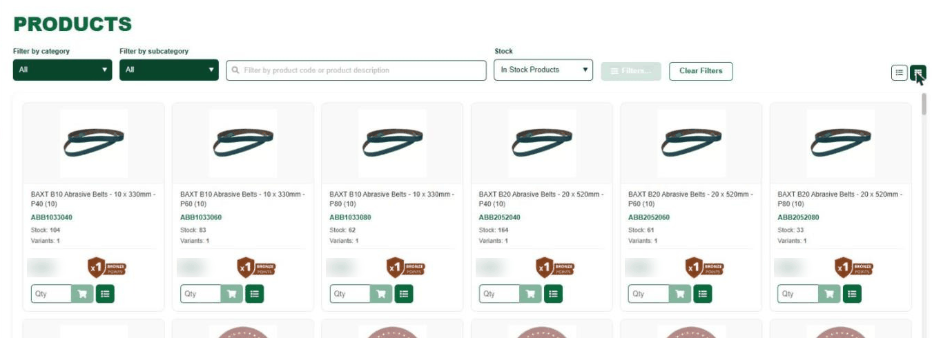 Switching the DTC HUB product list between list and gallery view, then filtering to in-stock items only